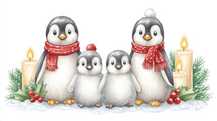 Fototapeta premium Cute Penguin Family With Red Scarves And Christmas Decorations Beside Candles In Snow