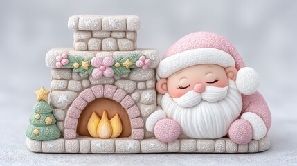 Cute Clay Santa Claus Figurine With Pink Hat And Fireplace Miniature Winter Holiday Decoration