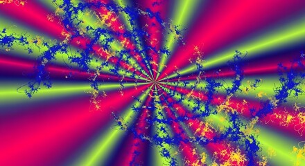 Colorful abstract fractal art with radiating lines and intricate blue and yellow patterns overlaying it