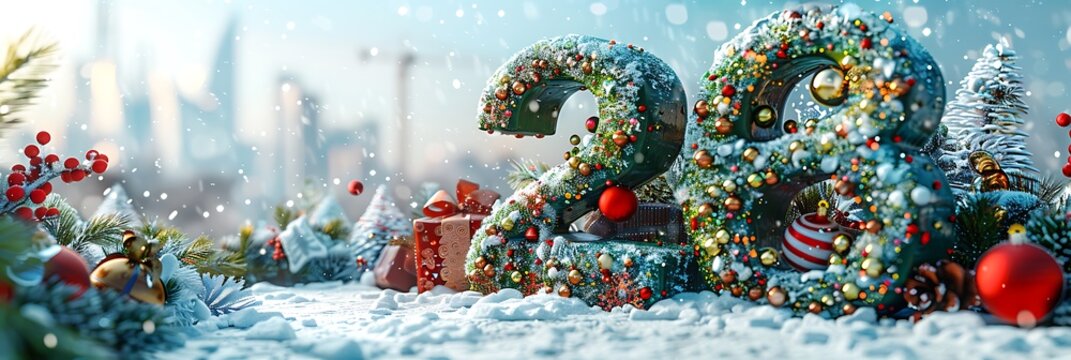 Panoramic Winter 2023 Holiday Decoration With Snow And Gifts