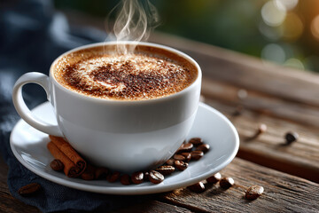 Steaming cup of cappuccino with cinnamon sticks and coffee beans on rustic table
