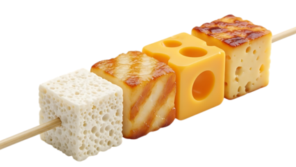 Skewered food items on a wooden stick isolated on transparent background