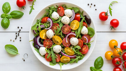 Fresh Caprese Salad with Cherry Tomatoes, Mozzarella & Arugula on White Wooden Table