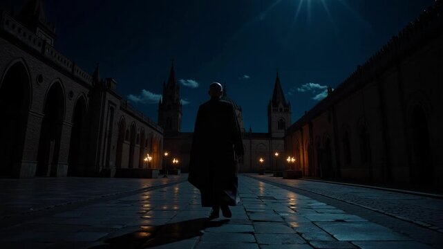 Mysterious Silhouette of a Priest Walking at Night in Tabernacle Courtyard 4K Video Footage for Religious Projects and Spiritual Content