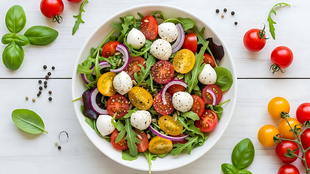 Fresh Caprese Salad with Cherry Tomatoes, Mozzarella & Arugula on White Wooden Table