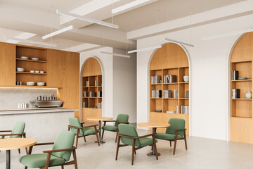 Modern interior design of cozy cafe with wooden elements, green chairs, and minimalist furniture in a warm and inviting setting. 3D Rendering © ImageFlow