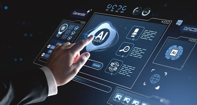 Futuristic interface showing AI agent activation on digital touchscreen by hand, symbolizing modern tech innovation and artificial intelligence concept.