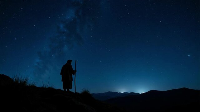 A Shepherd's Watchful Silhouette on Migdal Eder Hilltop Underneath a Starry Religious Night Sky in Stunning 4K Video Footage