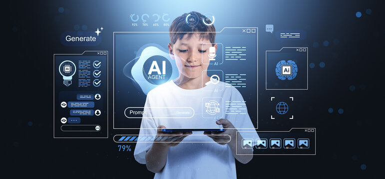 Child interacting with futuristic AI interface on digital tablet