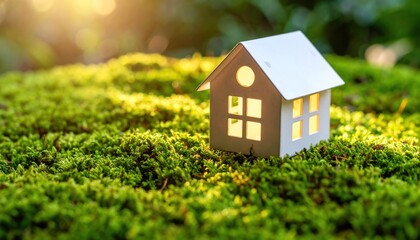 Miniature House on Green Moss with EcoFriendly Home Concept.