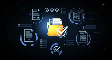 Document management concept with glowing folder icon and checkmark symbols on futuristic digital background in creative blur style. 3D Rendering