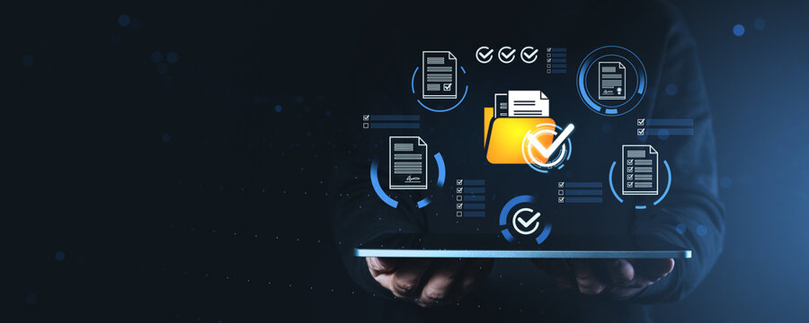 Digital document verification and data management concept with futuristic icons and creative holographic interface on dark blue background.