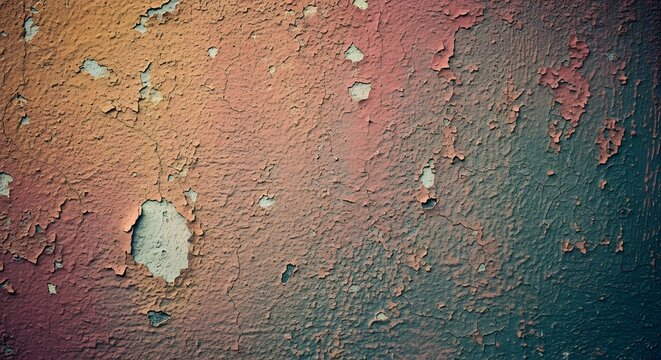 Old wall with peeling paint showing multiple layers and textures in shades of orange and blue green