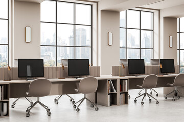 Modern open space office interior with minimalist design, workstations, and large windows overlooking cityscape in soft natural lighting. 3D Rendering