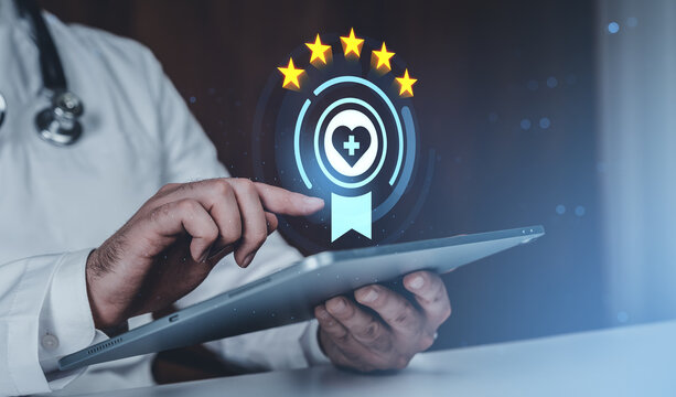 Doctor using tablet with five-star rating and healthcare quality badge icon representing online service feedback and reputation concept in medicine.
