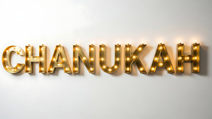Illuminated Chanukah sign with gold letters and glowing lights on a white background, 4K and HD Image