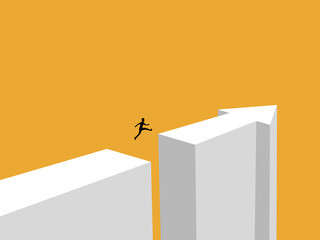 Successful businessman jumps over the gap on the arrow.