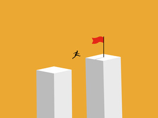  Businessman jumps over the gap to reach the flag