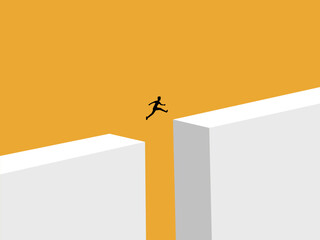 small businessman tries to jump over a big gap