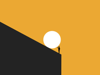 businessman stands pushing a rock on a cliff