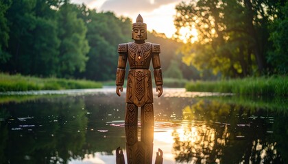 Wooden Buddha Statue in River with Sunset Reflection, Nature, and Calm.