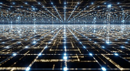 Abstract network grid with glowing lines and nodes creating a futuristic digital landscape view