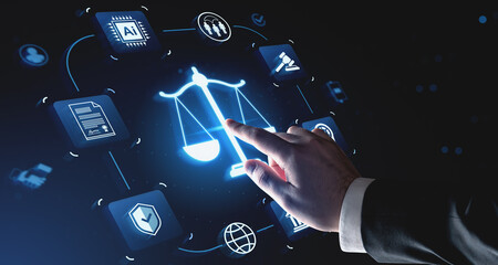 Futuristic legal technology interface with justice icons and AI chip symbols being accessed by a hand on a dark digital background concept.
