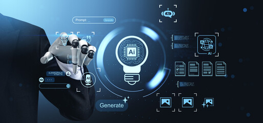 Futuristic robotic hand generating AI content with digital icons and data interface on tech-themed background illustrating innovation concept.