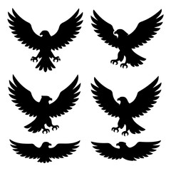 Obraz premium A diverse collection of six powerful eagle silhouettes with wings spread wide. Vector graphic icons of majestic birds of prey for emblems and logos