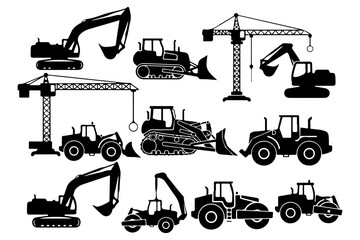 Obraz premium Collection of various construction and heavy machinery vehicles, including excavators, cranes, and bulldozers, illustrated in a clean, vector style for design projects
