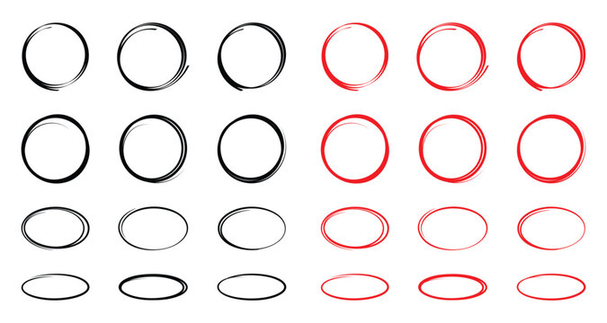 Hand drawn black and red circles and ovals set. Ellipses in red pencil doodle style. Round freehand shapes, emphasis highlights. Red round rough thin frames.