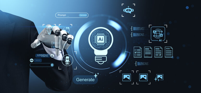 Futuristic robotic hand generating AI content with digital icons and data interface on tech-themed background illustrating innovation concept.