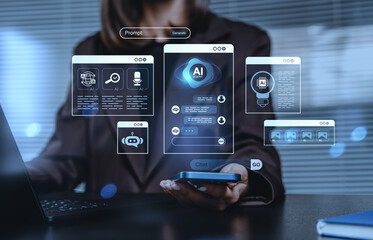 Artificial intelligence chatbot interface and digital assistant communication concept with futuristic UI elements on a tech background in blue tones.