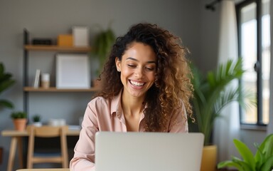 Cheerful young woman on a virtual video call for remote work, emphasizing flexibility and a positive work culture with a professional homeoffice background. High quality