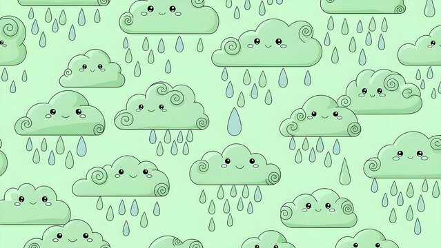 Cute cartoon rain clouds with happy faces and falling raindrops seamless pattern.