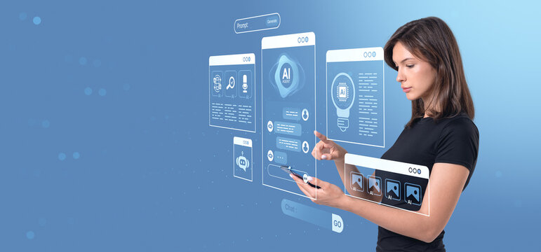 Woman using futuristic AI interface with smartphone on blue back