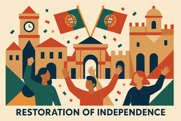Geometric Portugal Restoration of Independence celebration illustration with stylized buildings flags and simplified festive holiday composition
