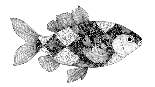Beautiful black and white fish showcasing bold contrasting patterns and smooth flowing aquatic form clearly displayed isolated on white background
