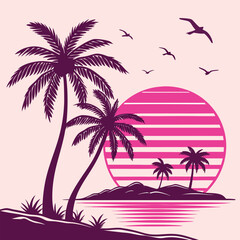 Fototapeta premium Retro sunset with palm trees and seagulls over water silhouette tropical