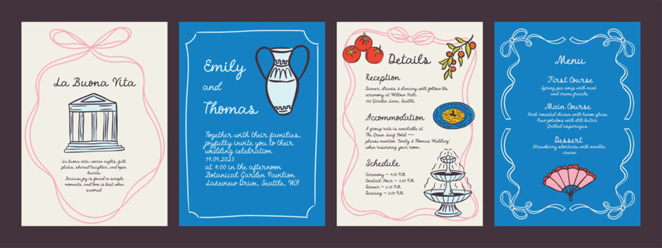 Whimsical hand drawn invitaion and menu template in trendy hand drawn style. Perfect doodle for wedding  poster, dinner and bar menu, bachelorette party, birthday invitation