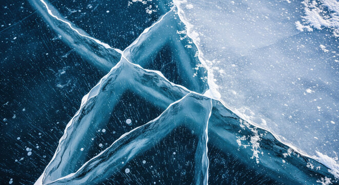 Intricate cracks and frosty patterns on deep blue frozen ice surface, winter background texture