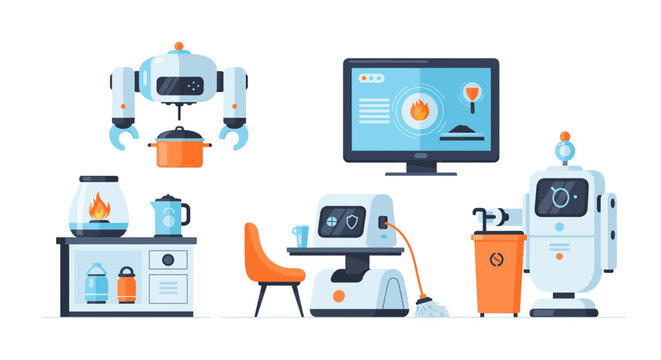 Robots in a Modern Home and Kitchen Setting.