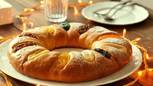 4K Ultra-Realistic Cinematic Rosca de Reyes Sweet Bread with Festive Lights and Cozy Atmosphere
