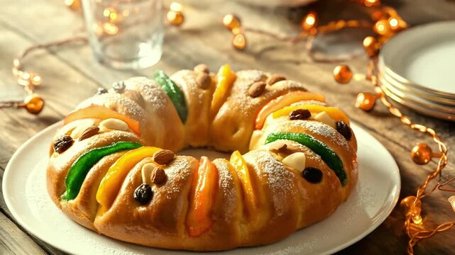 4K Ultra-Realistic Cinematic Rosca de Reyes Sweet Bread with Festive Lights and Cozy Atmosphere