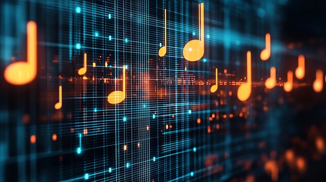 Glowing Orange Music Notes Floating on a Vibrant Blue Digital Grid Representing Sound Data and Futuristic Audio Technology
