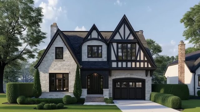 Charming Tudor-style house with gabled roof and brick facade.