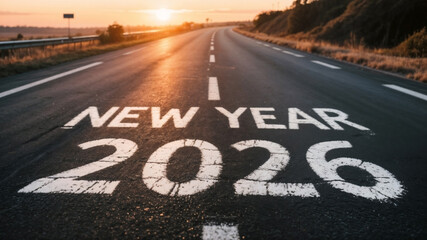 New year 2026 written on the road on the asphalt road at sunset.