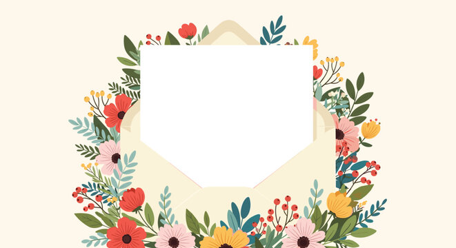 Open envelope with a blank white card, beautifully framed by a vibrant array of blooming flowers and green leaves on a gentle beige background.