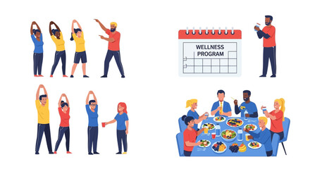 Wellness Program Illustration Featuring Exercise and Healthy Eating.