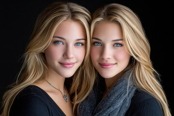 Twin Sisters with Blonde Hair on Black Background